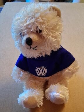 Plush Beige Bear Toy with Blue Shirt